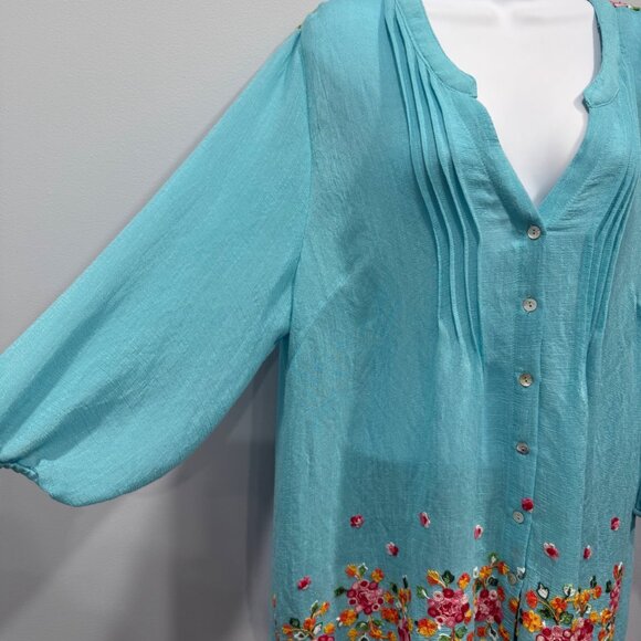 Fig & Flower Turquoise Floral Embroidered Peasant Tunic Top Boho Plus Size 2X - Picture 5 of 10